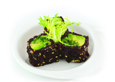 Three black maki sushi rolls.