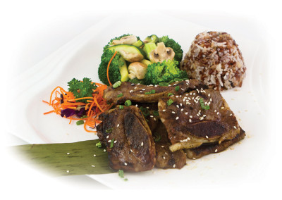 Kalbi beef ribs with broccoli and rice on white plate.